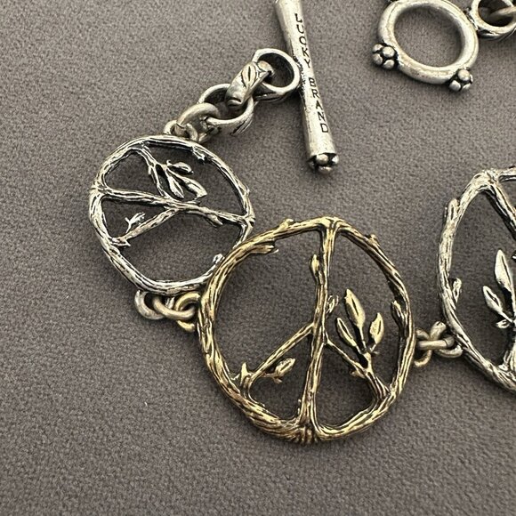 Lucky Brand Peace Symbol Bracelet Toggle Clasp 8" Mixed Metal Twigs & Leaves - Picture 6 of 10